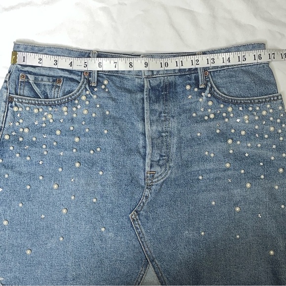 GRLFRND Milla Crystal Pearl Embellished Raw Hem Mini Denim Skirt Blue Solstice M - Picture 13 of 16